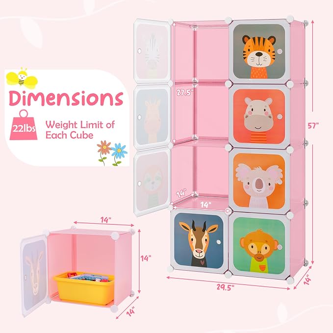 HONEY JOY Kids Wardrobe Closet, Baby Cartoon Clothes Storage Organizer, 8 Cubes & 2 Hanging Sections, Portable Children DIY Modular Bedroom Armoire Dresser Cabinet for Boys Girls (Pink, 8-Cube) - Image 8