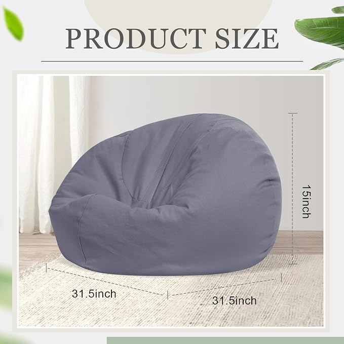 Sliner 2 Pcs Stuffed Storage Bean Bag Chair Cover for Kids Adults (No Filler) Stuffable Zipper Beanbag Cover for Organizing Plush Toys or Foam(31.5 * 31.5 * 15inch,Cotton,Gray) - Image 2