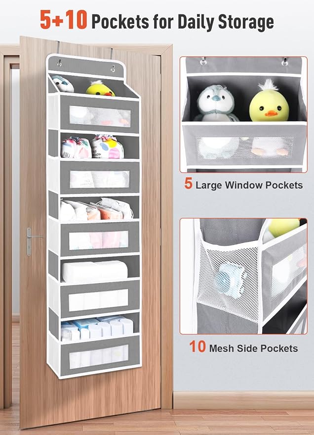 2 Pack Over The Door Organizer Storage, 5 Shelf Hanging Door Organizer with 10 Large Capacity Pockets, Anti Tilt 44 lb Load Behind Door Storage for Bedroom, Bathroom, Pantry, Nursery, (Grey) - Image 4