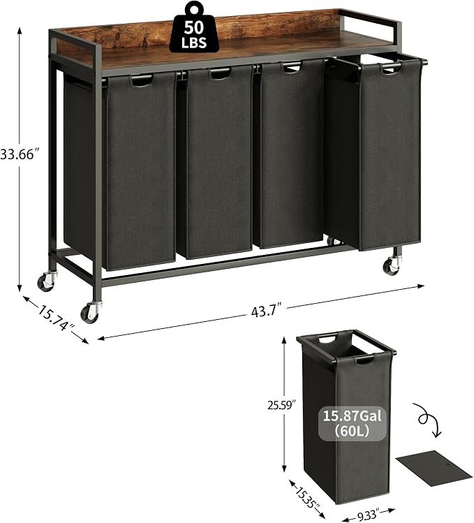 Herture Laundry Hamper with Shelf, Laundry Basket 4 Section, Laundry Sorter with Pull-Out Removable Large Bags and Movable Wheels, Metal Frame, 4 x 15.87 Gallons (60L), Rustic Brown + Black PF07XLY - Image 2