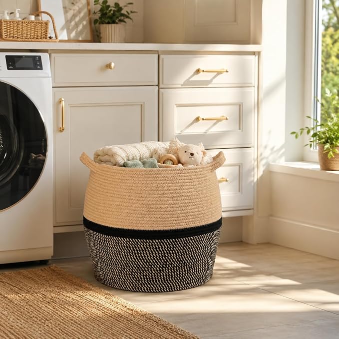 KAKAMAY Woven Baskets for Storage(17"x17"),Large Cotton Rope Woven Baby Laundry Hamper,Collapsible Laundry Basket, Blanket Basket for Organizing Living Room,Nursery,Clothes,Toy chest (Black) - Image 3