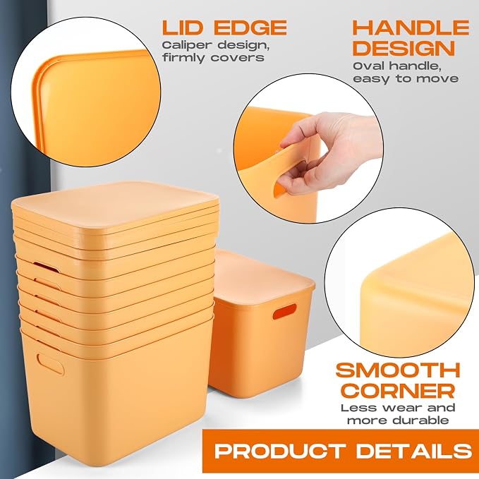 8 Pack Storage Bins, 14.2 X 10.2 X 9.5 Inch Yellow | Plastic Stackable Containers with Lid Handle, For Shelves Desktop Playroom Office, Organizing Toys Books Supplies Storage - Image 3