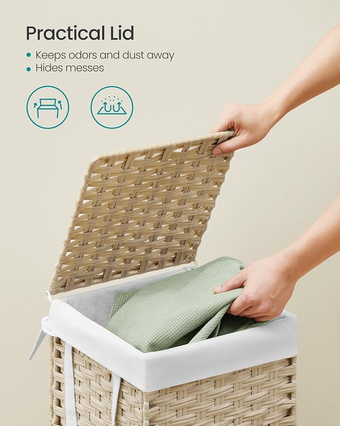 SONGMICS Laundry Hamper with Lid, 17.2 Gallon (65L) Synthetic Rattan Clothes Laundry Basket with Lid and Handles, Foldable, Removable Liner, Summer Sand ULCB165LZ01 - Image 3