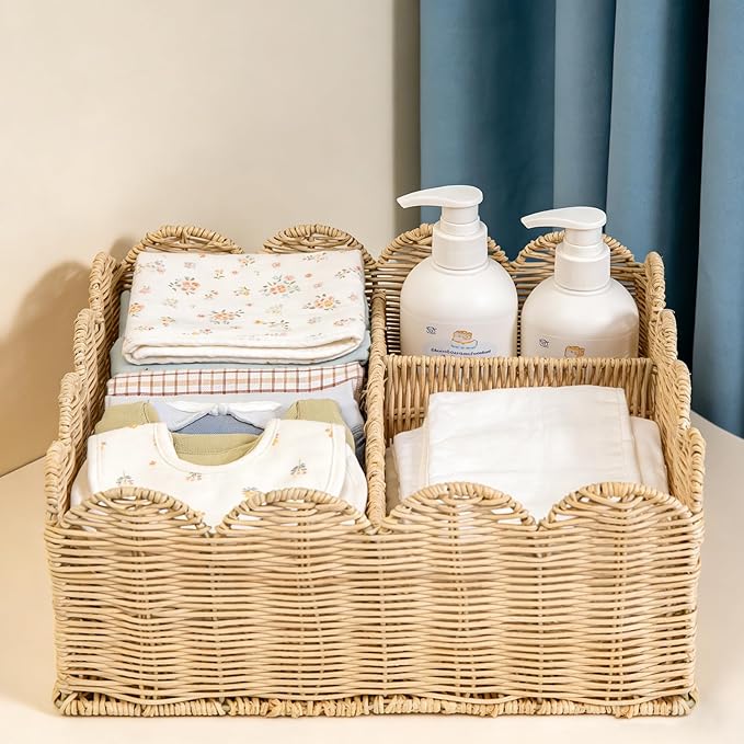 Rattan Divided Scalloped Basket,Wicker Diaper Caddy Scalloped Baske,Woven Natural Basket with 4 Dividers,Suitable for Baby Rooms, Bathrooms, Bedrooms (Rattan) - Image 3