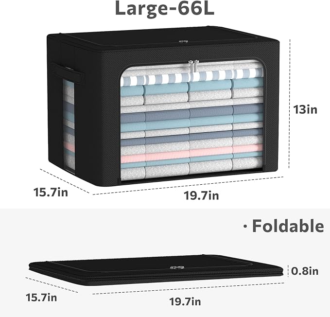 CYhom Clothes Storage Bins Box - Linen Fabric Foldable Stackable Container Organizer Set with Clear Window & Carry Handles & Metal Frame (Black, Large-66L) - Image 4