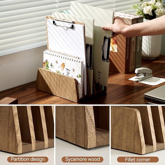 KIRIGEN Wooden Mail Organizer, 5-Slot File Holder for Desk, Brown 5K-DBR | Five Upright Compartments Sort Mail, Bills, Folders, Papers, Notebooks, and Envelopes; 9.84 x 7.48 x 7.08 In, No Assembly - Image 4