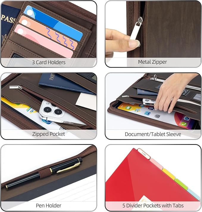 Ospelelf Zippered Portfolio Binder, Leather Clipboard Folder with Storage, 3 Ring Binder 1 Inch, 12.1” Tablet Sleeve, 5 Dividers with Pocket, Refillable Notepad, Card Slot (Brown) - Image 4