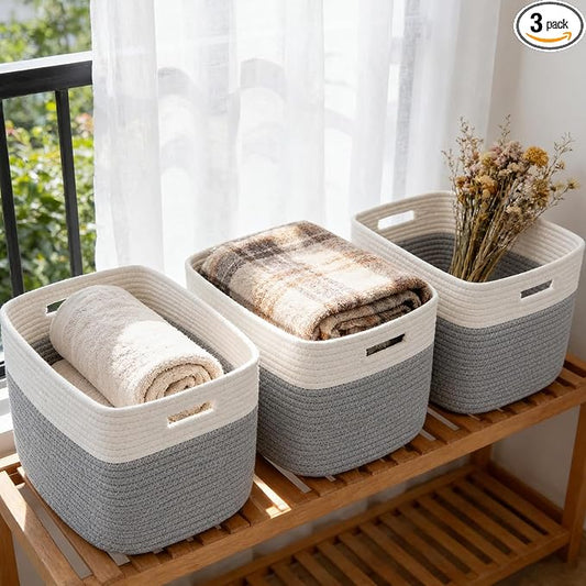 3 Pack Woven Baskets,Storage Baskets for Shelves with Handles | 13.5"×11"×9.5", Closet Baskets, Nursery Organizer for Toys Towels Books, Storage Bin for Living Room Bedroom (White & Grey) by HZFTJOY