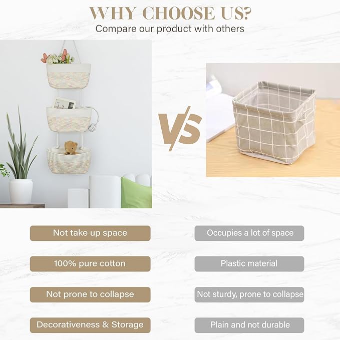 TeoKJ Over the Door Hanging Basket, 3-Tier Woven Cotton Wall-Mounted Storage Organizer Bag Decorative Hanging Nursery Baskets, White & Rainbow Stitching - Image 9