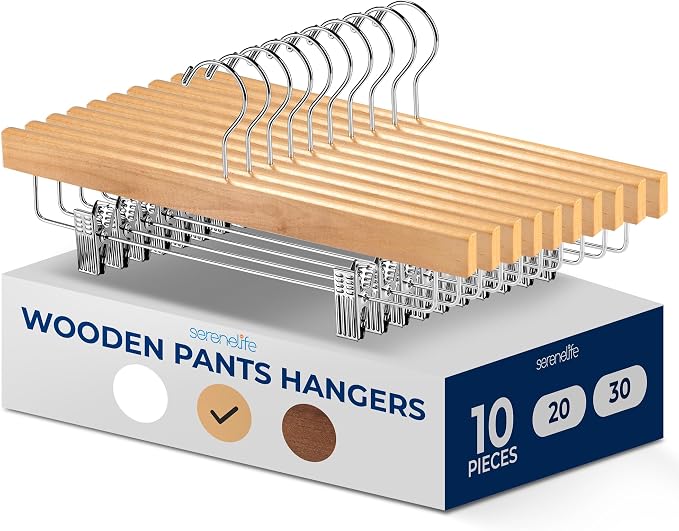SereneLife 10 Pack Skirt and Pant Hanger with Adjustable Non-Slip Steel Clips, Premium Wooden, 360° Swivel Hook & 10 lb Capacity – Space-Saving Heavy-Duty Hangers for Jeans, Shorts & Slacks (Natural) by SereneLife