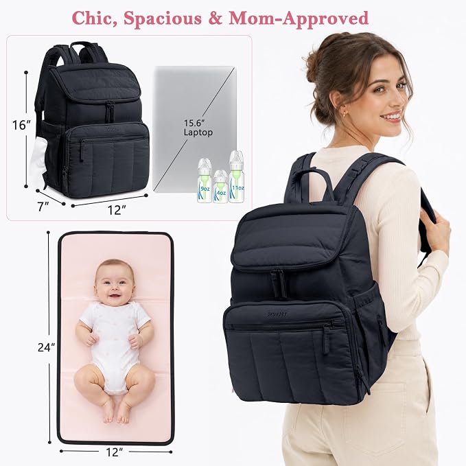 Puffy Diaper Bag Backpack for Mom, Lightweight Quilted Baby Bag with Waterproof Changing Pad, Large Travel Diaper Backpack with Insulated Bottle Pockets, Wipes Pocket, Stroller Straps - Image 5