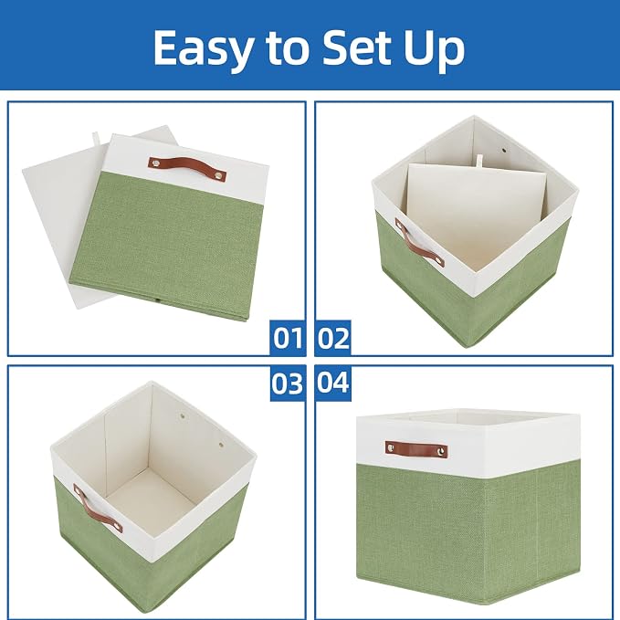 Temary 13 Inch Cube Storage Bin 4 Pack Fabric Storage Cubes Fabric Storage Bin for Shelf, Cube Storage Basket with Leather Handles(White&Green) - Image 6