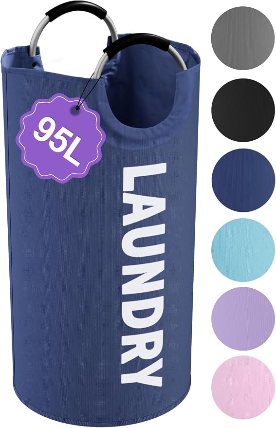 95L Collapsible Laundry Baskets for Boy, Big Clothes Hampers with Handles, Stand-alone Laundry Bin, Portable Dirty Clothes Basket for Bathroom, Camping, Navy Blue by IHOMAGIC