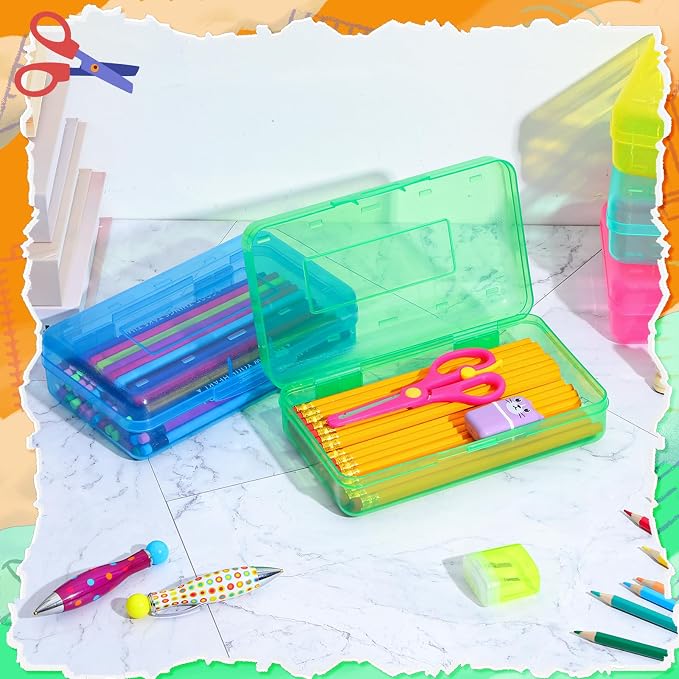 Patelai 30 Pcs Large Capacity Pencil Case Bulk Clear Hard Plastic Pencil Box Organizer with Snap Tight Lid Stackable Crayon Storage Box for Kids School Classroom Home Office 2 Style (Multicolor) - Image 5