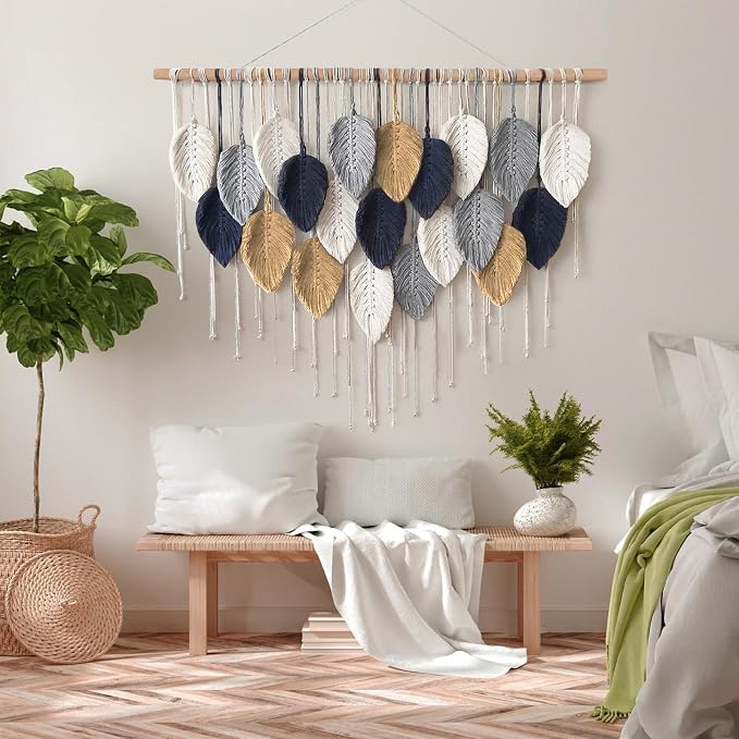 Alynsehom Large Macrame Wall Hanging, Boho Handmade Leaf Feather Bohemian Woven Tapestry, Chic Wall Art Home Decor for Bedroom Living Room Nursery Apartment Decorations(39" W x 29.5" L) - Image 5