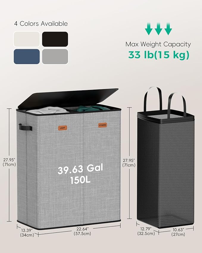 150L Dual-Compartment Laundry Hamper with Lid & Removable Inner Bag – Large 2-Section Clothes Hamper for Home, Dorm & Laundry Room - Image 3