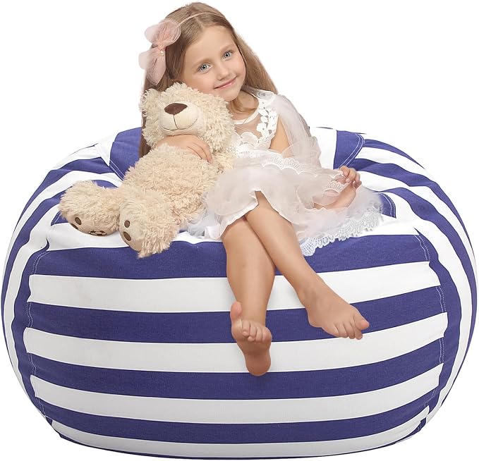 WEKAPO Stuffed Animal Storage Bean Bag Chair Cover for Kids | Stuffable Zipper Beanbag for Organizing Children Plush Toys Large Premium Cotton Canvas (Navy Strip, XX-Large) by Wekapo