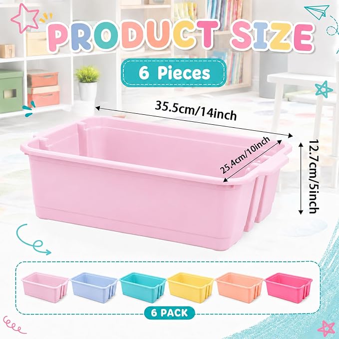 6 Pack Plastic Book Bins For Classroom Stackable Classroom Organizer with Handle Cubby Bins for School Library Office Home Nursery Playroom Organization(Pink Purple) - Image 2