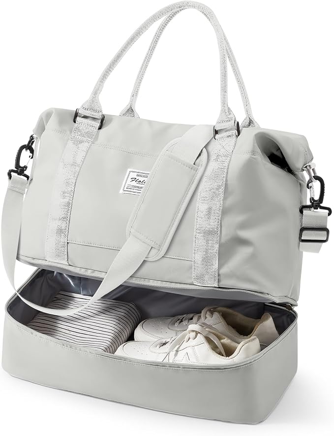 Travel Duffel Weekender Bag Women Tote Carry On Bags With Shoe Compartment | 18x14x8 inches Travel Overnight Bags with Trolley Sleeve for Airplanes Sport Tote Gym for Men Lightweight Daypack Grey. by VECAVE