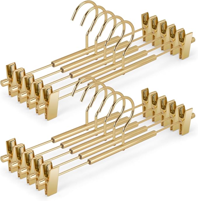 VWV 10 Pack Pants Hangers with Clips, 12.4 Inch Aluminum Skirt Hangers with 360° Swivel Hooks, Heavy Duty Space Saving Closet Hangers for Jeans, Slacks, Shorts (Gold) by Designedforluxuryhangers