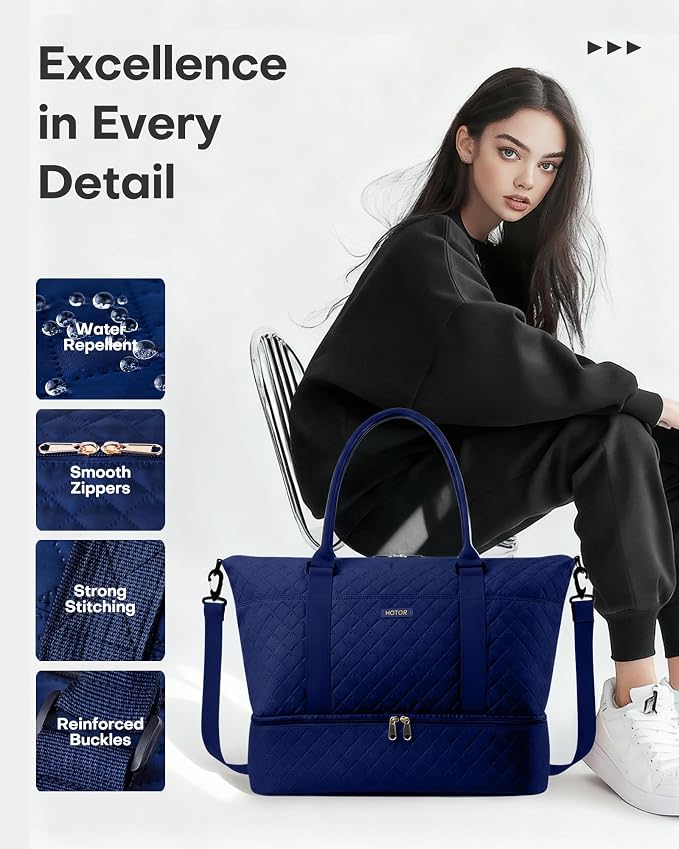HOTOR Travel Duffel Bag - Weekender Bags for Women, Carry On Gym Tote Bags | with Toiletry Bag & Shoe Compartment, Overnight Bag for Travel Essentials, Travel Accessories, Dark Blue, 15.8"×18.1"×8.7" - Image 7