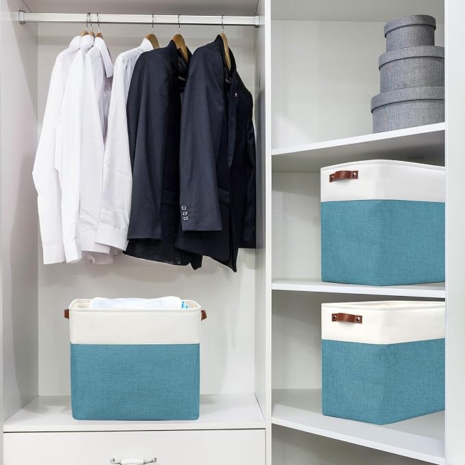 Large Fabric Storage Baskets | 50L Storage Bins, Decorative Linen Closet Baskets with Handles for Organizing, Shelf, Toys, Clothes, Home, Office, Nursery, 17x12x15Inches (Teal&White) - Image 2