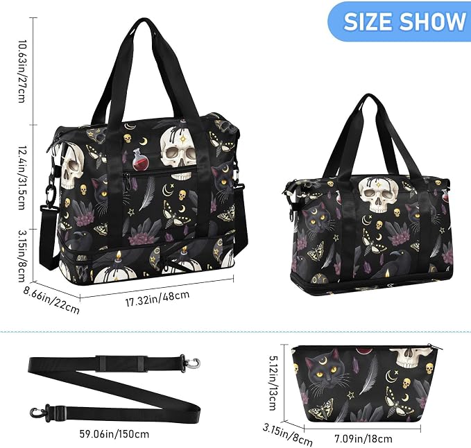 Goth Skull Moth Sports Duffel Tote Bag - Wet Pocket Weekender Overnight Gym Carry On Hospital Bag for Women Men - Image 2