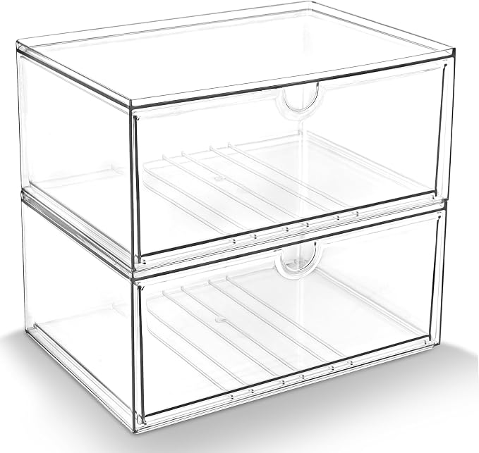 Prsildan Acrylic Makeup Organizer, 2 Pack Stackable Clear Storage Drawers for Baby Bottles Desk Organizers with 2 Drawers for Countertop Vanity Nursery Modular System for Cosmetics Jewelry by Prsildan