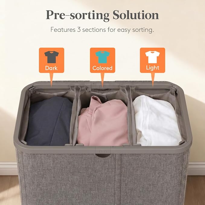 Lifewit 185L 3 Section Laundry Hamper with Lid, Laundry Basket, Brown | Large Foldable Laundry Sorter with 3 Removable Bags, Tall Clothes Hamper for Bedroom and Bathroom - Image 3