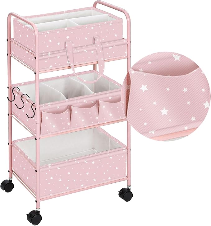 Yookeer 2in1 Baby Diaper Caddy Organizer Cart 3 Tier Large Capacity Metal Utility Bedside Rolling Cart with Divider Newborn Registry Gift Nursery Essential Must Have Bedroom Baby Shower(Pink,Star) by Yookeer
