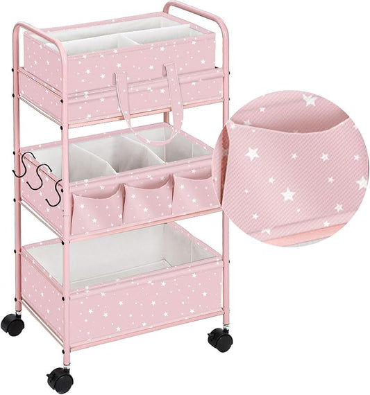Yookeer 2in1 Baby Diaper Caddy Organizer Cart 3 Tier Large Capacity Metal Utility Bedside Rolling Cart with Divider Newborn Registry Gift Nursery Essential Must Have Bedroom Baby Shower(Pink,Star) by Yookeer