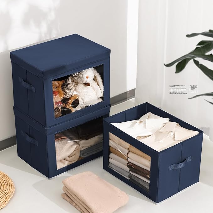 Stackable Storage Bins with Lids - Large Decorative Basket with Lids, Fabric Foldable Closet Organizer Bins, Shelf Organizer for Living Room, Dorm, 5 Pack, Navy Blue - Image 4