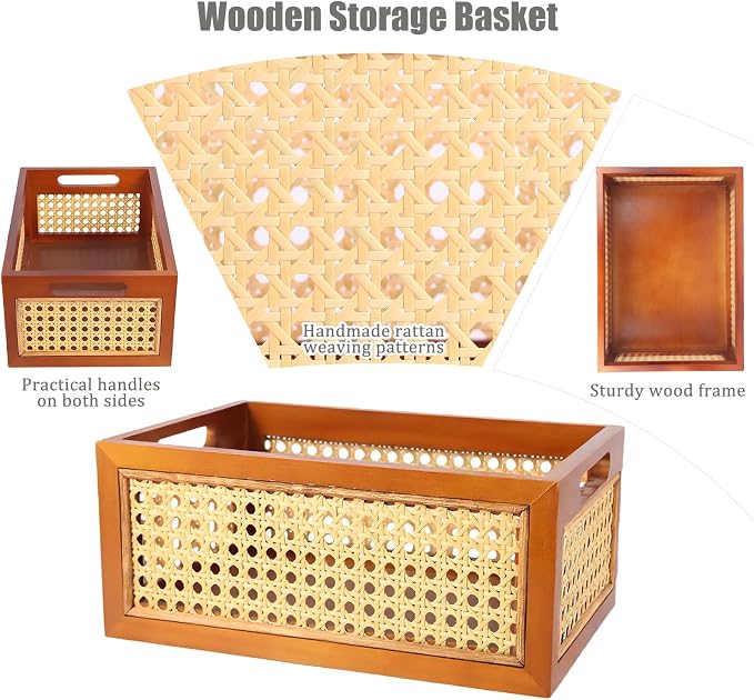Rattan Storage Baskets Set, Wooden Frame with Woven Cane Design, Nesting Organizer Bins for Living room Bedroom Bathroom Kitchen Shelf, Set of 2 - Image 3