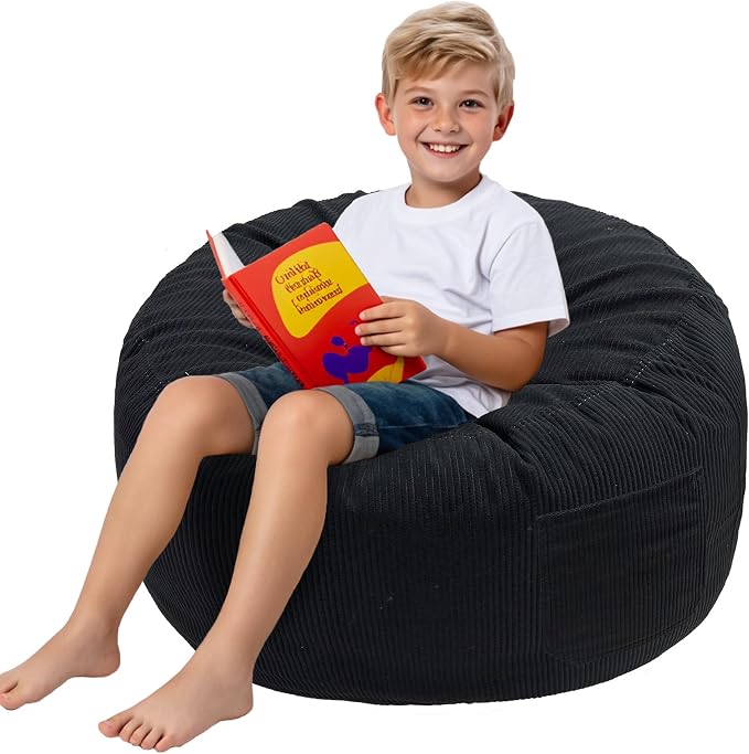 Lukeight Bean Bag Chair for Kids Teens Adults, Memory Foam Filled Floor Lounger, Washable Velvet Cover with Inner Liner, Beanbag Chair with Filling for Gaming and Reading, Black, X-Large 30"D x 18"H by Lukeight