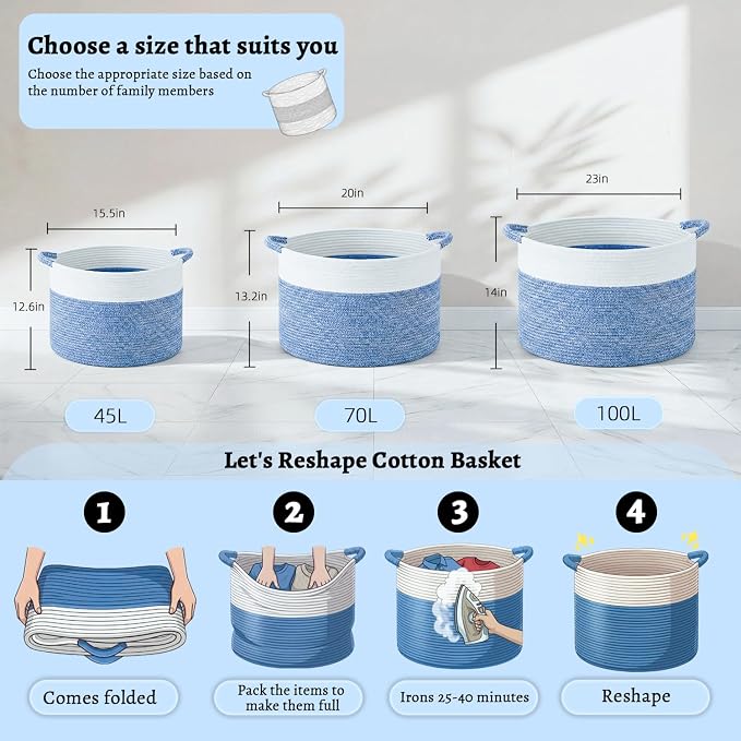 Artfeel 70L Large Cotton Rope Basket, Decorative Woven Blanket Storage for Living Room, Boho Toy Storage & Toy Box for Kids, Versatile Laundry Basket & Nursery Hamper for Blankets(DenimBlue) - Image 6