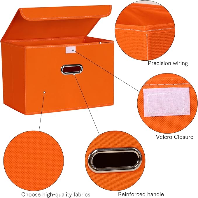 Linen Fabric Foldable Collapsible Storage Cube Bin Organizer Basket Fabric Storage Bins with Lid, Leather Handles, Removable Divider for Home, Closet, Orange - Image 7