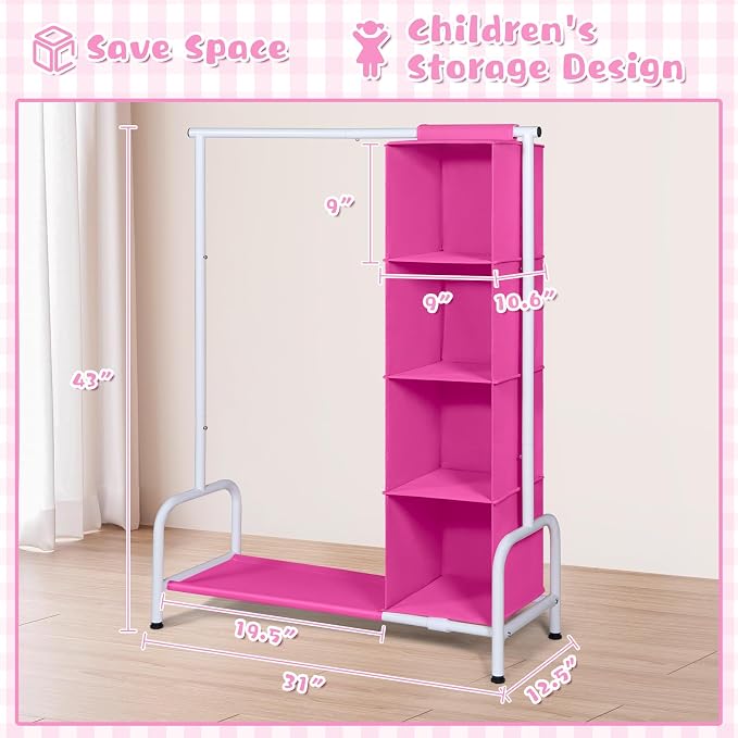 Univivi Kids Clothing Rack with Hanging Organizer, Rose Red and White | Toddler Dress Up Storage with Bottom Shelf, Sturdy Metal Baby Clothes Rack, Dress Up Rack for Nursery, Playroom, Bedroom - Image 3