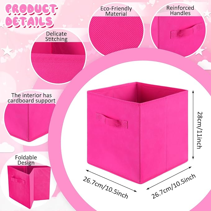 Yinder 12 Pcs Cube Storage Bin Pink 10.5''x10.5''x11'' Storage Bins for Playroom Decor Colorful Bins for Kids Foldable Baskets for Nursery Organizer Boxes Fabric Boxes - Image 2