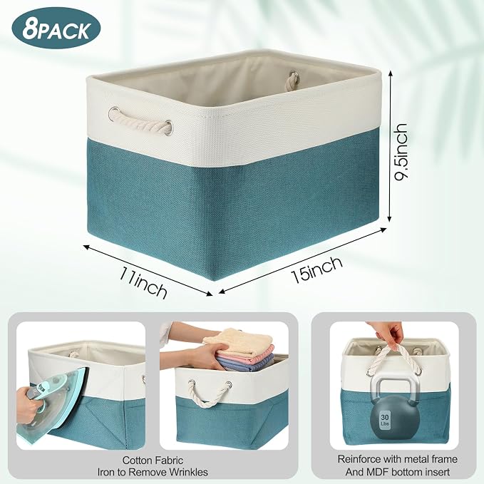 meekoo 8 Pack Collapsible Storage Bins Fabric Storage Bins Polyester Fabric Baskets with Handles Linen Closet Organizer for Shelf Home Closet Towels Toys(15 x 11 x 9.5 in,Cyan White) - Image 2