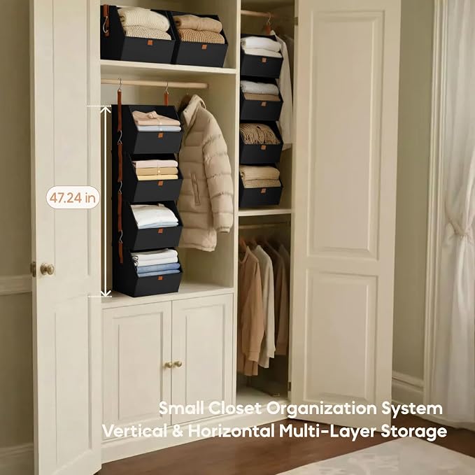 Hanging Closet Organizer 4 Tier - Clothes Hanging Shelves, Space-Saving Closet System, Fabric Storage Bins Bedroom Organization, Collapsible Baskets for Home, Dorm, Rv, Black - Image 5