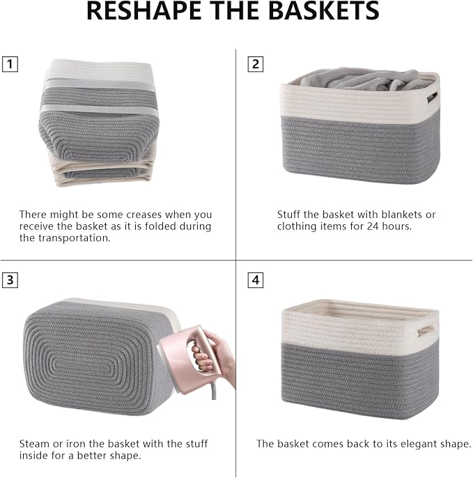 4 Pack Storage Baskets for Organizing, Woven Baskets for Shelves - Perfect for Toys, Books, Towels, and Clothes, Durable Gift Basket Bins Toy Storage, 12.7''L x9''W x7.8''H, Grey and White - Image 6