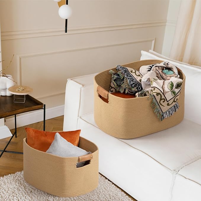 108 L Blanket Basket for Living Room, Toy Basket With Leather Handle, Large Storage Bins for Toys, Pillows, Clothes, Rectangle Large Cotton Rope Basket, 25’’*16’’*16’’ Jute - Image 6