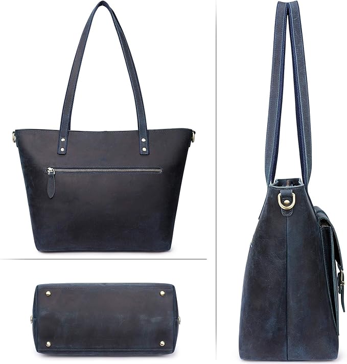 S-ZONE Women Vintage Genuine Leather Tote Bag Large Shoulder Purse Work | 14" Padded Laptop Compartment, Detachable Long Strap, Luggage Strap, Multi Pockets, Travel Everyday - Image 6