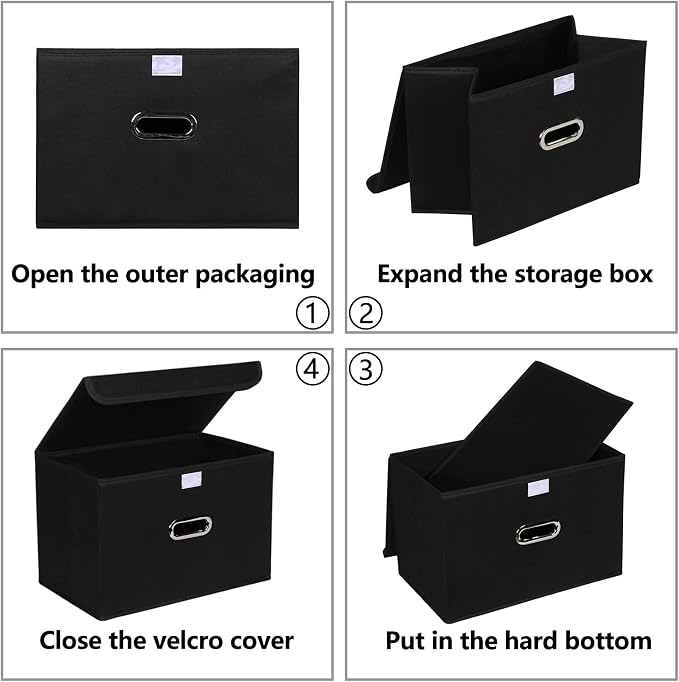 Fabric Foldable Collapsible Storage Cube Bin Organizer Basket with Lid, Handles, Removable Divider for Home, Closet (Black, 3Pcs) - Image 4