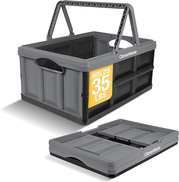 CleverMade Collapsible Shopping Basket, 32L Storage Crate, 1 Pack, Stone | Carry Bigger Grocery Hauls with Confidence | Rigid Walls Hold 35 lb, While Top and Side Handles Balance the Load by CleverMade