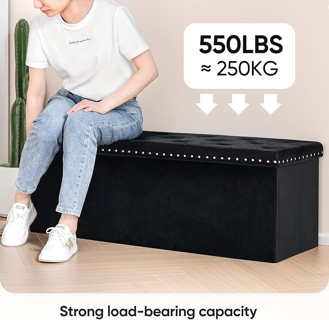 PINPLUS Folding Storage Ottoman Bench, Black Faux Leather Long Ottoman Chest, Footrest Seat, Blanket Storage for Living Room Bedroom Office Hallway, 43.3"x15"x15" - Image 4