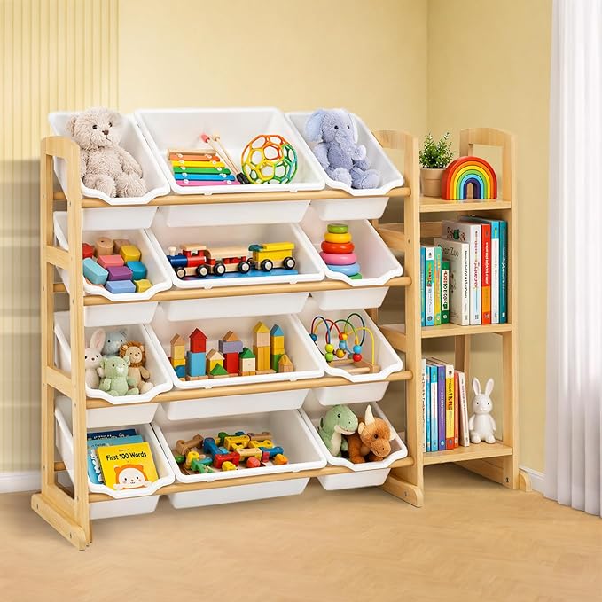 Toy Storage Organizer with 12 Bins & 3-Tier Bookshelf - White | 12 Removable Bins Keep Toys Sorted; 3-Tier Kids Bookshelf Creates Easy-Access Storage for Kids Rooms and Playrooms by KidsToyStorageOrganizer