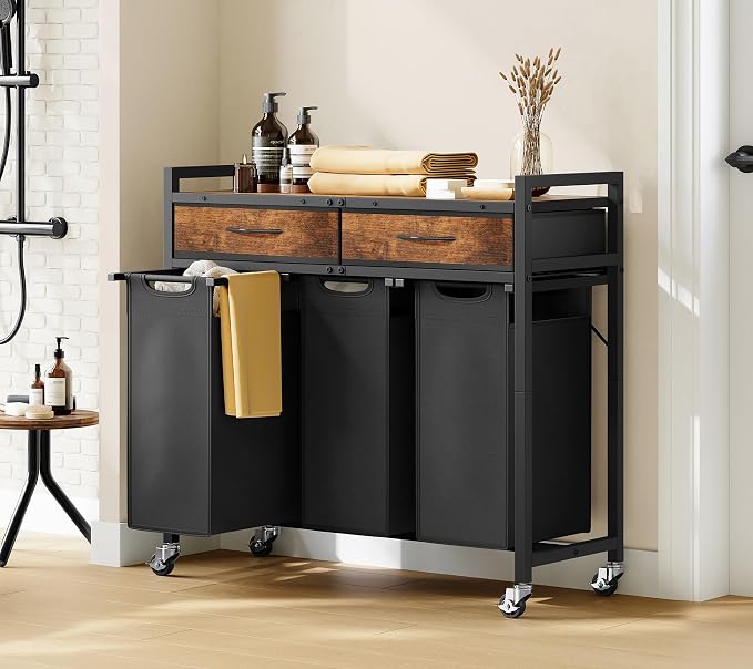 Laundry Sorter 3 Section, 120 L Laundry Hamper with 2 Drawers & 2-tone Top Panel, Rolling Laundry Basket Organizer with Pull-Out Removable Oxford Fabric Bags for Laundry Room Organization - Image 9