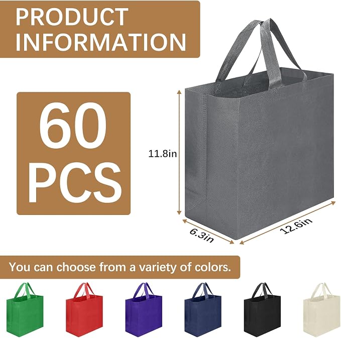 Reusable Grocery Bags 12.6 * 6.3 * 11.8 in - Non Woven Totes Bag with Reinforced Handles, Shopping Bags Bulk - Image 2