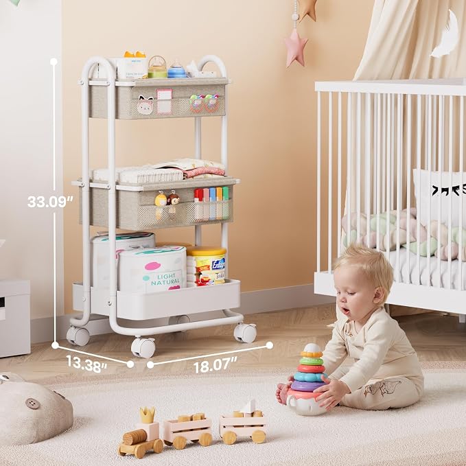 Modanais Baby Diaper Caddy Organizer Cart - 3 Tier Rolling Cart, Off White | Lockable Wheels, Baby Essentials Nursery Storage, Detachable Dividers - for Crib, Bedroom, Art & Craft Organizer - Image 2